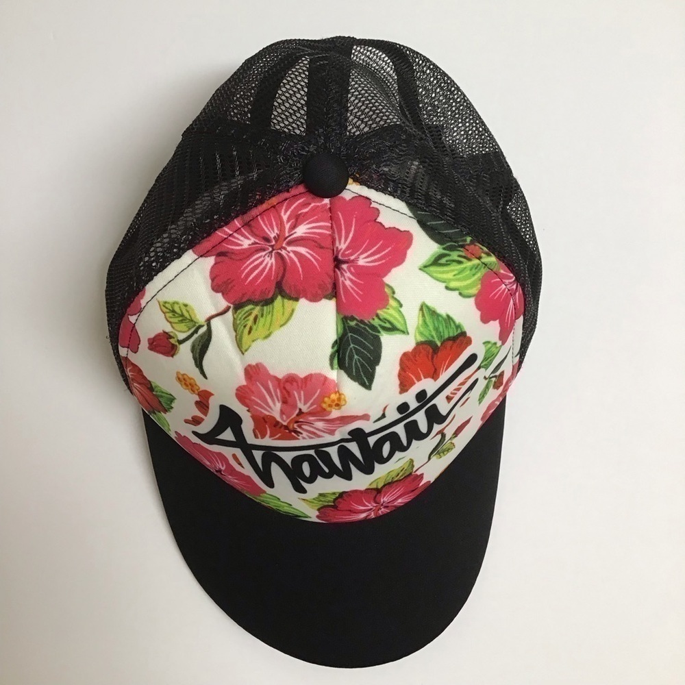 HAWAII Surfer Hat Mesh Snapback Black Cap Pink Hibiscus Floral Adjust Surferware - Picture 10 of 11